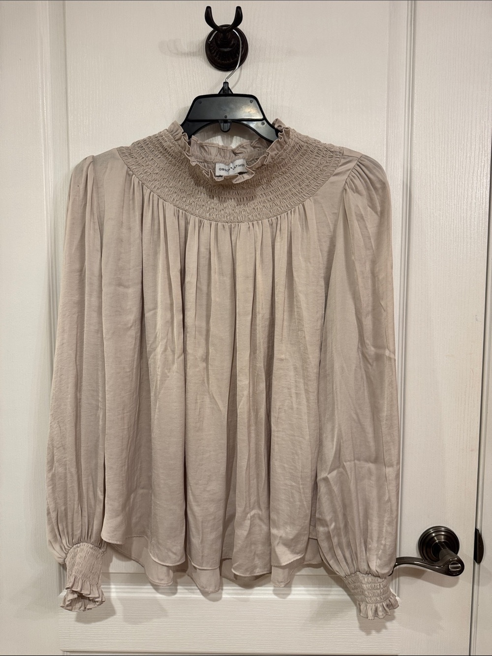 Gibson Latimer Smocked High-Neck Blouse in Taupe
